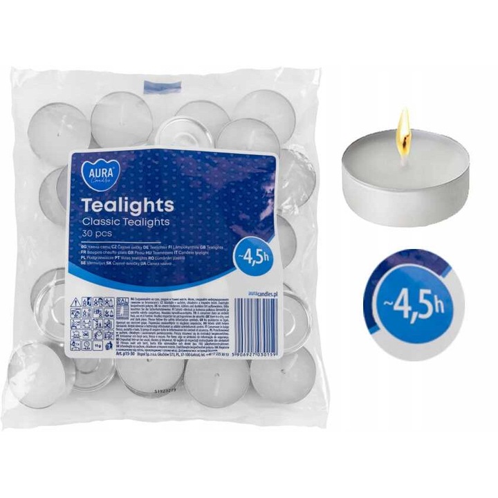 Candele Tealights bezzapachate AURA, set 30 buc, 4.5h, alb, 3.9x1.5cm