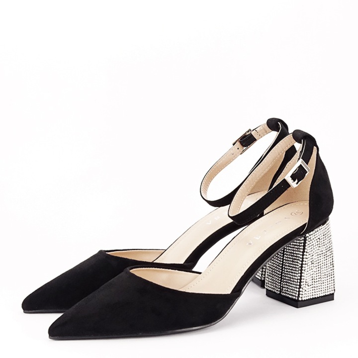 Обувки с дебел ток, декорирани с камъчета B-BSD42-1 04, Черни 8684, Черен