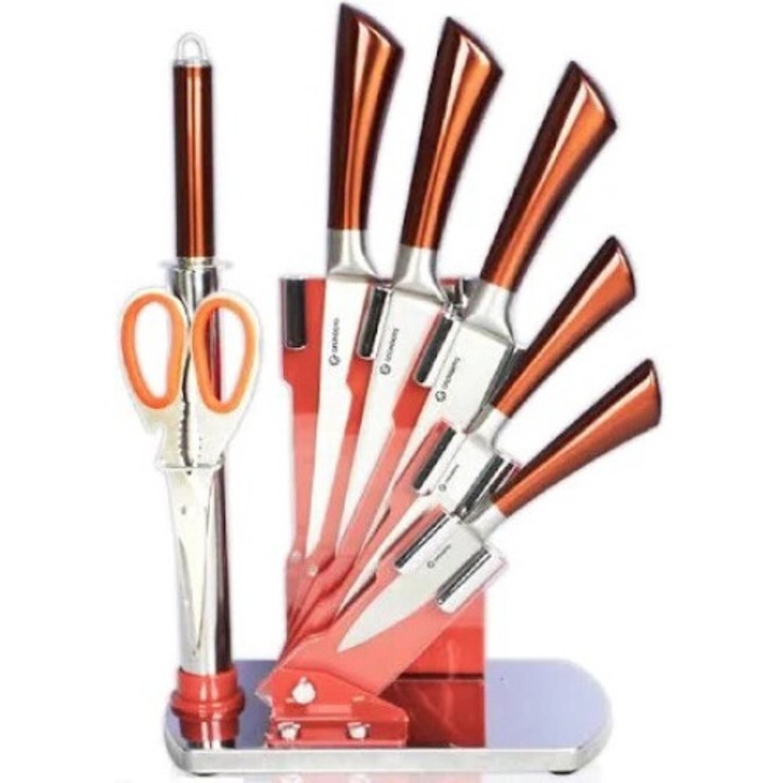 8 részes professzionális késkészlet állvánnyal, téglapiros - bronz kollekció