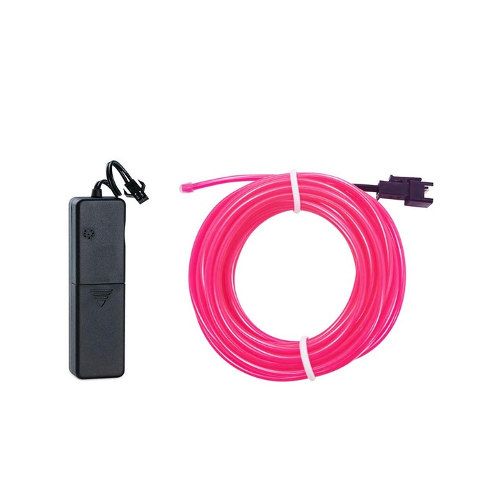 Kit fir luminos El Wire 2.3 mm, lungime 3 m, invertor porabil cu baterii, roz