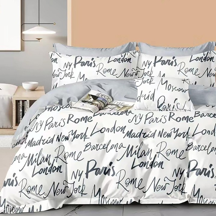 Lenjerie de pat dublu, bumbac 100% percale, 240x260 cm, 4 piese, Lenjerii Deosebite, Orase