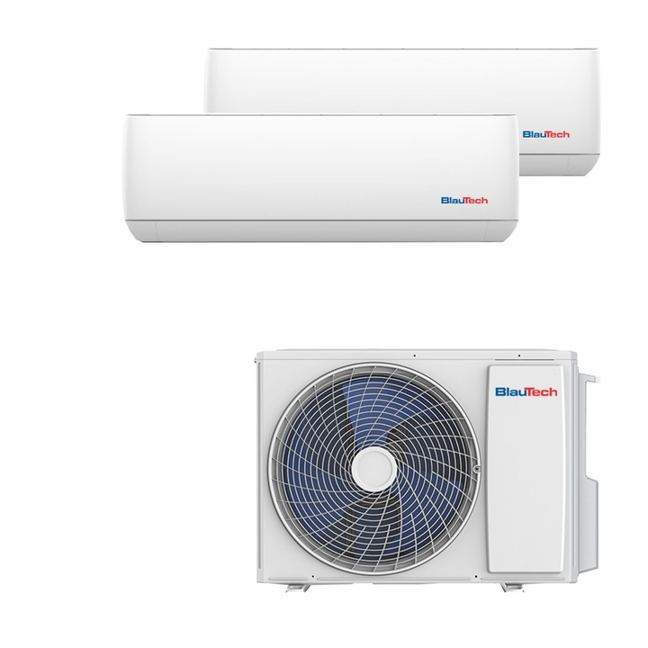 Aparat aer conditionat multisplit 18000 BTU, pentru 2 incaperi, 1 x 7000 BTU, 1 x 12000 BTU, BlauTech, A++ si A+, inverter