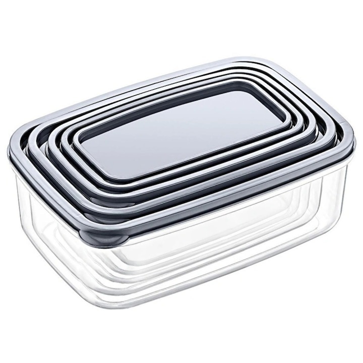 Set 5 caserole alimentare, Cu capac, Transparent, 330ml, 530ml, 850ml, 1300ml, 2100ml