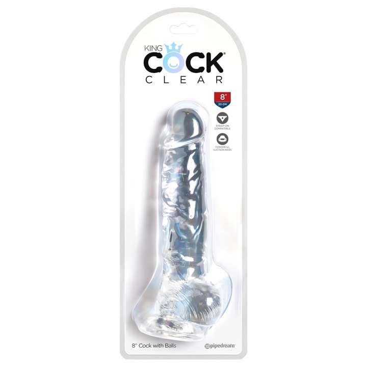Dildo cu ventuza Clear 8 cu bile, King Cock, 20 cm