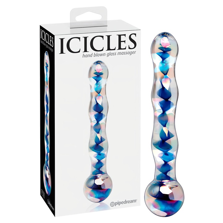 Dildo de sticla No. 08 ondulat cu doua capete, Icicles, transparent albastru