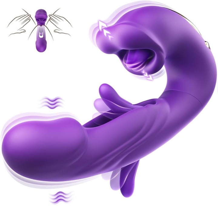 Вибратор с език SIPEDO, 3 в 1, Двойна стимулация на G точка и клитор, 19 различни вида вибрации, USB зареждане за 40 минути, 120 минути използване, Водоустойчив, Безшумен, ABS/Медицински силикон, 17.5x9 см, Лилав