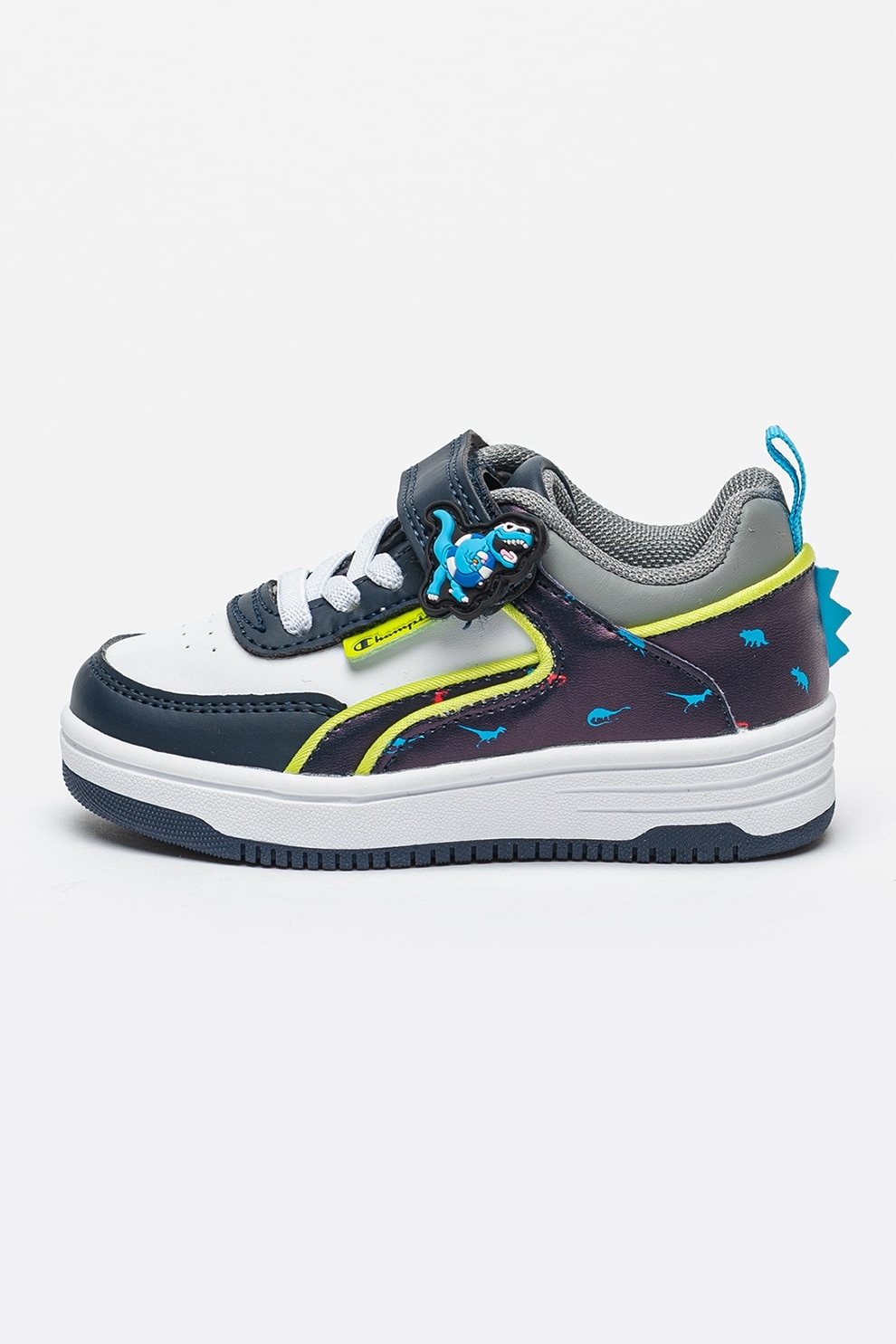 Champion, Pantofi sport din piele ecologica Dinox, Alb, Verde lime, Gri antracit, 24 EU