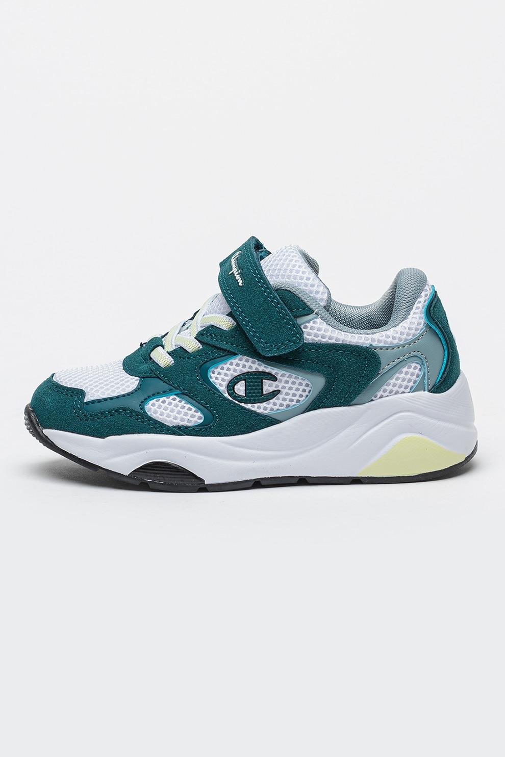 Champion, Pantofi sport din plasa cu captuseala din material sintetic, Alb, Verde padure, 30 EU