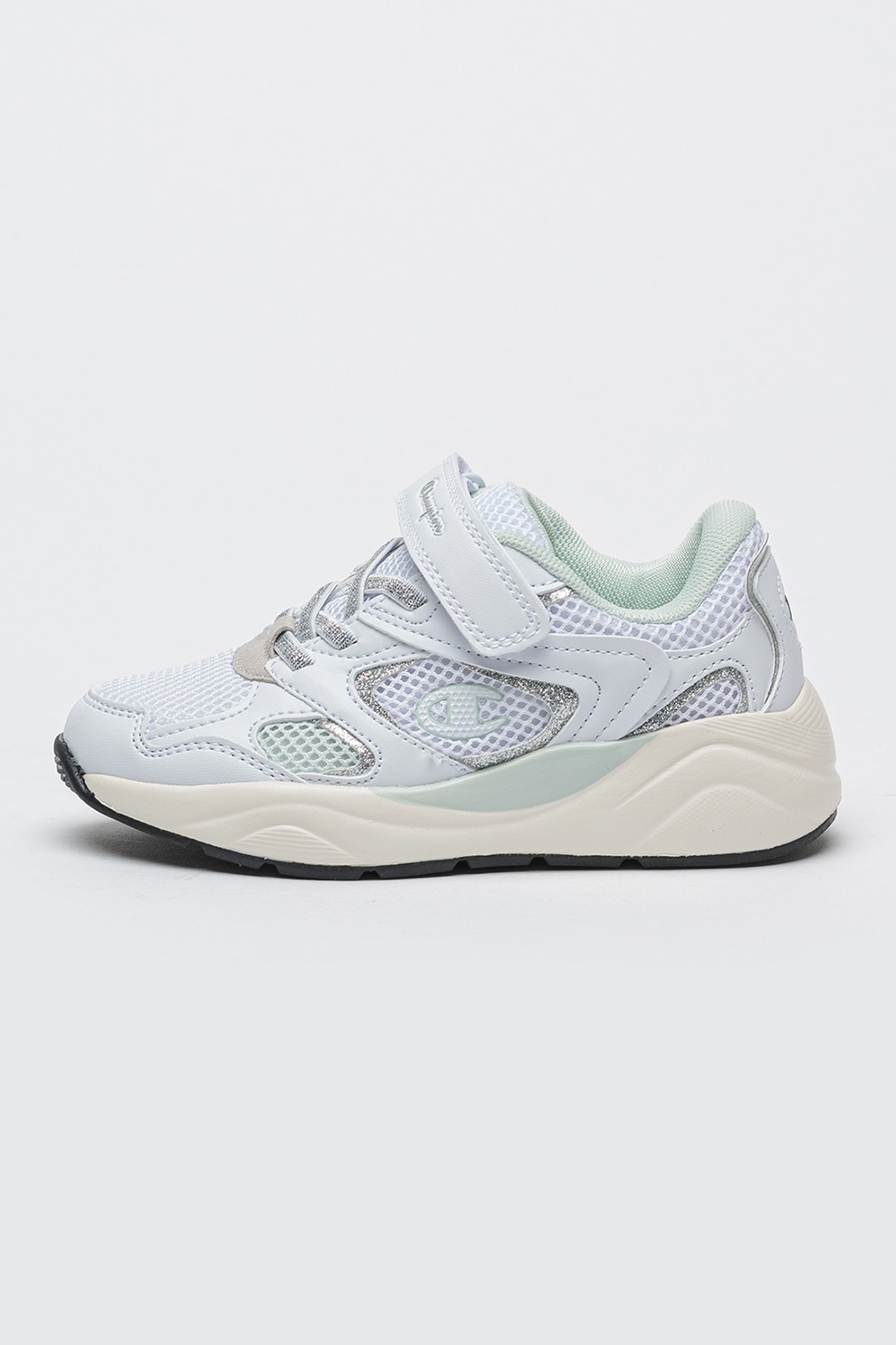 Champion, Pantofi sport din plasa cu logo Eny GS, Alb, Verde pal, Argintiu, 29 EU