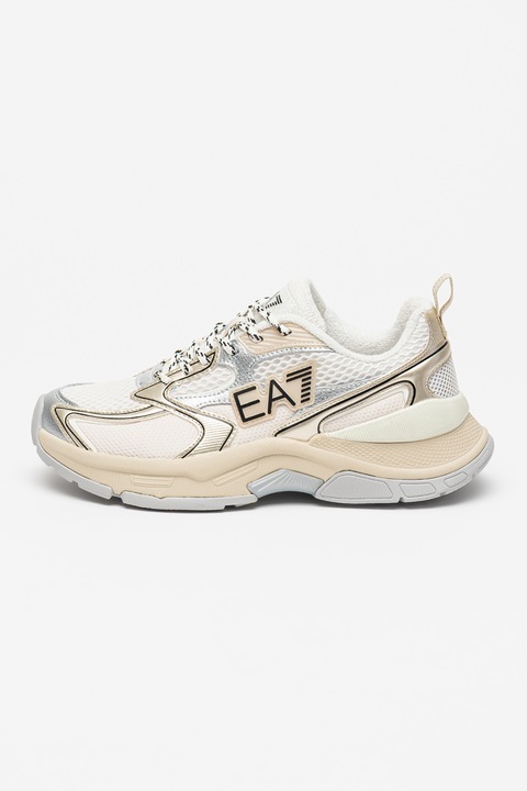 EA7, Pantofi sport cu logo si siret, Alb/Alb fildes