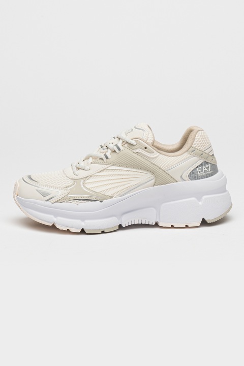 EA7, Pantofi sport unisex cu segmente din material sintetic, Alb murdar/Grej