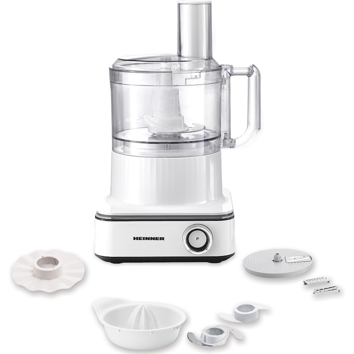 Кухненски робот Heinner FineGourmet FHP-K1000WP, 1000W, 6 скорости с импулс, купа за обработка: 2,3 л, остриета от неръждаема стомана, диск за месене, 3 ножа за нарязване, емулгиращ диск, 1,5 л пластмасова чаша, сокоизстисквачка за цитрусови плодове, бяла