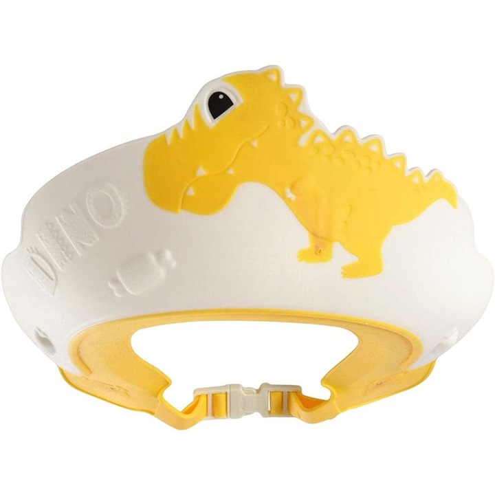 Защитна козирка за баня за деца от Fitilomania, Fippy, модел динозавър, регулируем размер, издръжлива, лесна за почистване, устойчива на шампоан, за очи и уши, TPE+PP, 22x21 см, жълта