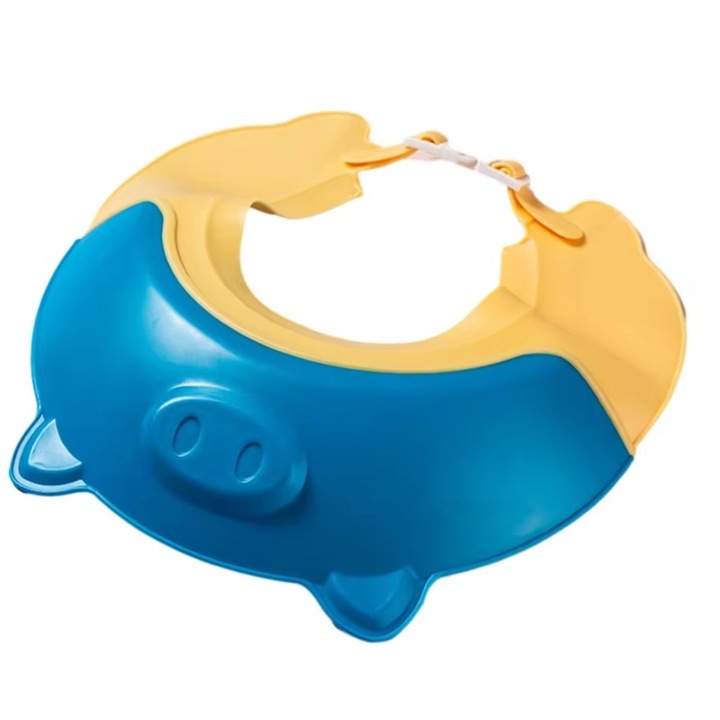 Детска защитна козирка за баня Cyrax, шегаджийски модел с прасенце, регулируем размер, издръжлива, лесна за почистване, устойчива на шампоан, за очи и уши, TPE+PP, 23x23 см, синя