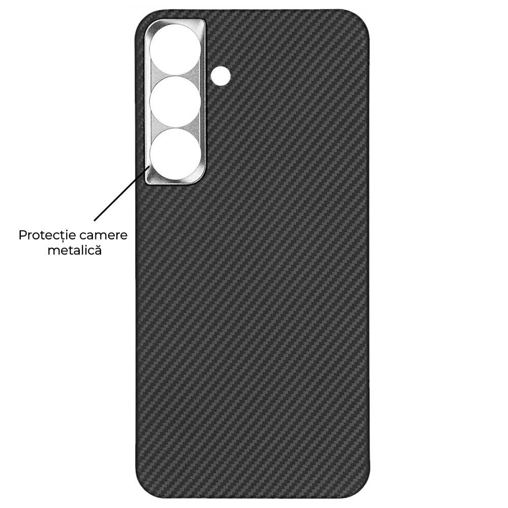 Husa fibra de carbon MagSafe SILKASE pentru Samsung S25 Plus, aramid kevlar, metal camera, negru mat