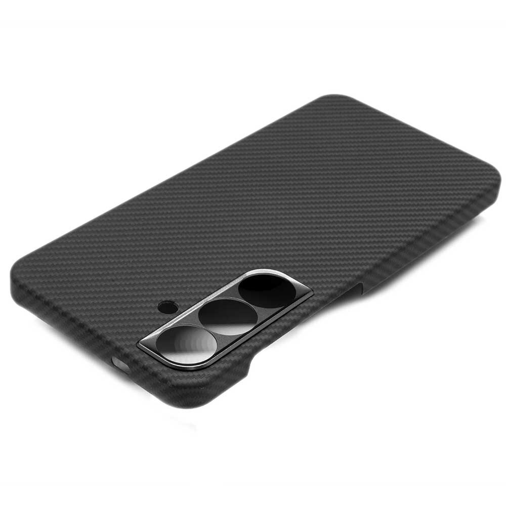Husa fibra de carbon MagSafe SILKASE pentru Samsung S25 Plus, aramid kevlar, metal camera, negru mat