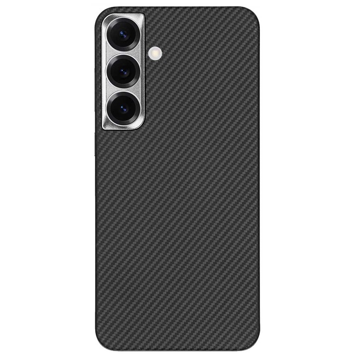 Husa fibra de carbon MagSafe SILKASE pentru Samsung S25 Plus, aramid kevlar, metal camera, negru mat