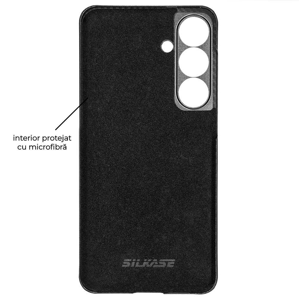 Husa fibra de carbon MagSafe SILKASE pentru Samsung S25 Plus, aramid kevlar, metal camera, negru mat