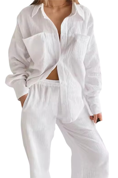 Pijama pentru femei Luna intre Stele, Muselina, Pantaloni lungi si Camasa cu decolteu si nasturi, marime L, Alb