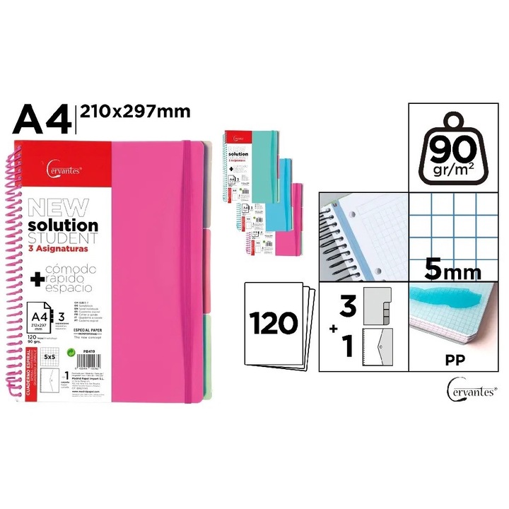 Caiet A4 PP spirala 120F cu elastic si 3 separatoare pastel patratele PB419