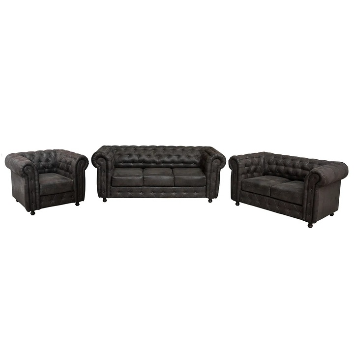 Set canapea extensibila 3 locuri, canapea fixa 2 locuri si fotoliu fix, Expomob CHESTERFIELD 3-2-1, dimensiune 205x90x80 cm, culoare negru