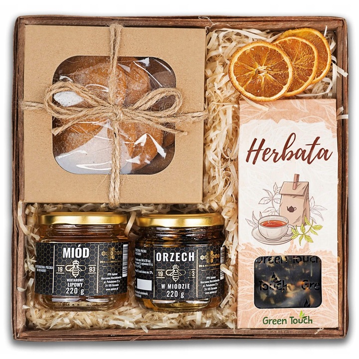 Cos cadou Green Touch, ciocolata, miere, ceai, 25x25x8cm