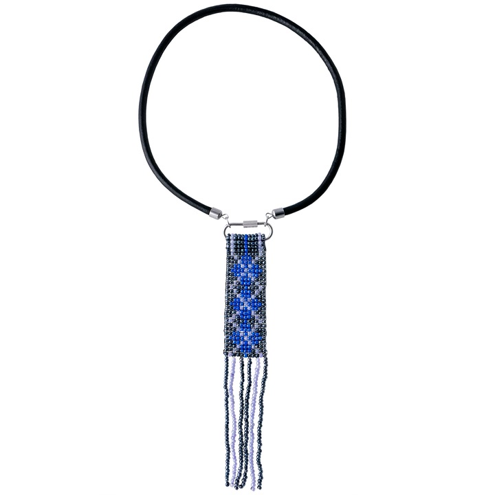 Colier Handmade Unicat, Margele de Nisip, Snur Piele, Otel Inoxidabil, Modele Traditionale Romanesti