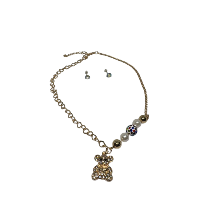 Set Colier si Cercei cu Detalii Aurii si Cristale, Pandativ Urs Stralucitor