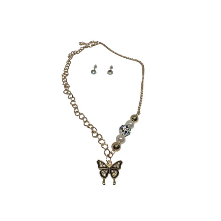 Set Colier si Cercei cu Detalii Aurii si Pandativ Fluture Elegant