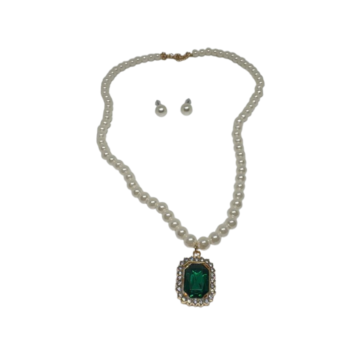 Set Elegant cu Perle, Pandativ Verde Smarald, Cercei Perla