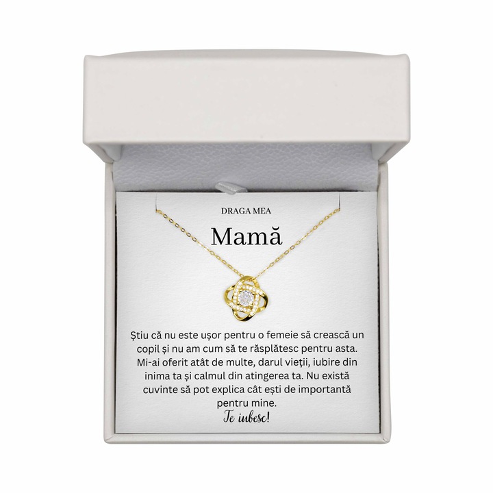 Set Colier Cadou Pentru Mama, Colier Argint 925 Placat Cu Aur 14K, Cutie LED, Cartonas Cu Mesaj De Iubire, Colier Love Knot