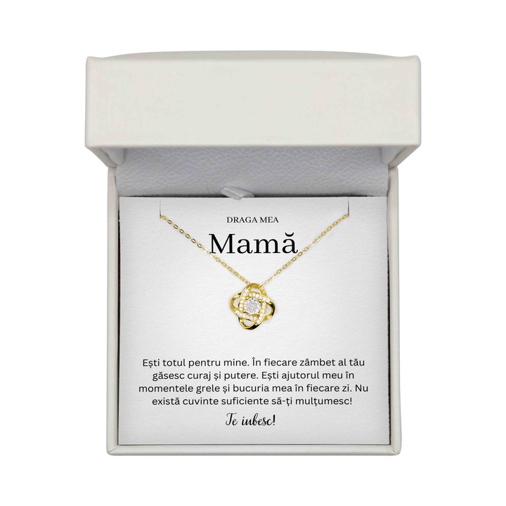 Set Colier Cadou Pentru Mama, Colier Argint 925 Placat Cu Aur 14K, Cutie Premium LED, Cartonas Cu Mesaj De Dragoste, Colier Love Knot