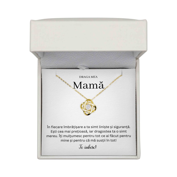 Set Colier Cadou Pentru Mama, Colier Argint 925 Placat Cu Aur 14K, Cutie LED, Cartonas Cu Mesaj De Dragoste, Colier Love Knot
