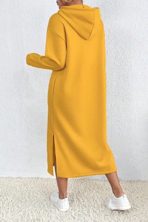 Hanorac Dama, Tip Rochie Cu Gluga, Imprimeu Cu Litere Si Snur, Galben Mustar, XL