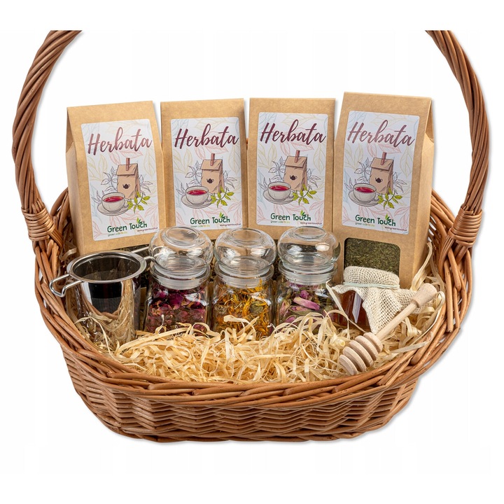 Cos cadou GREEN TOUCH, 4 tipuri de amestecuri plante, miere 40g, 250g ierburi, 3 borcane 120ml, 40x38cm