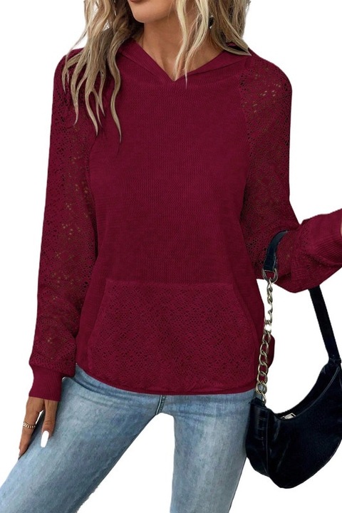 Hanorac Dama, Cu Buzunar Central Si Maneci Raglan Cu Dantela Contrastanta, Visiniu