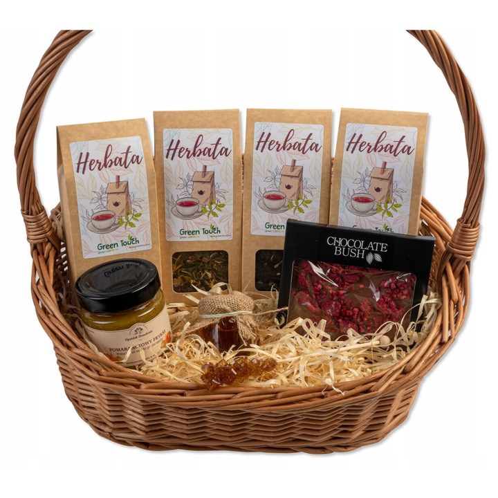 Cos cadou cu ceaiuri, ciocolata, piure de portocale, miere si zahar brun, GREEN TOUCH, 40x38cm