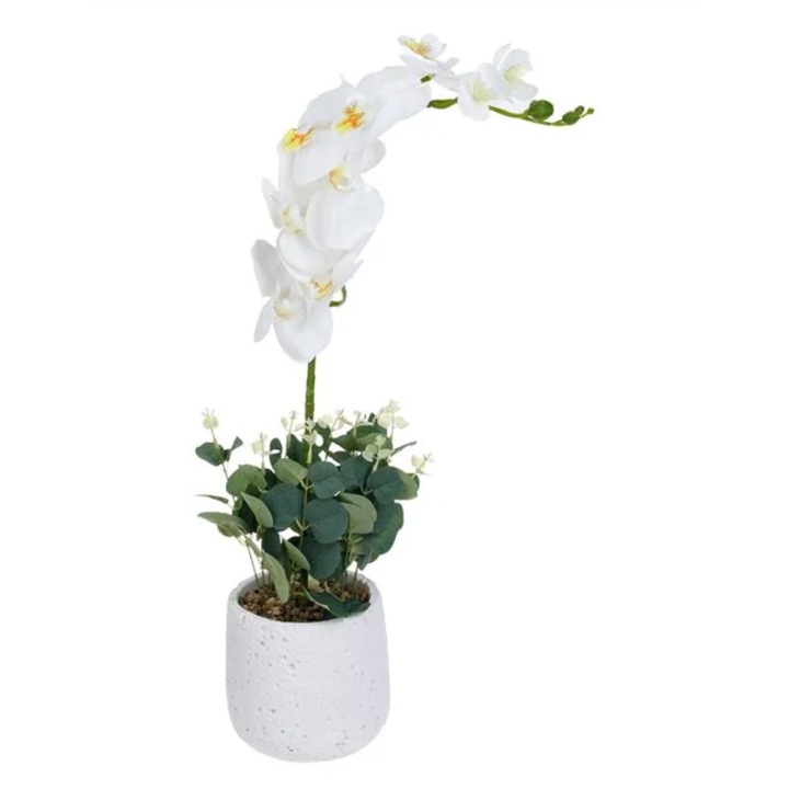 Ghiveci Decorativ Alb Ceramic cu Floare Artificiala Orhidee Alba Ø13x54cm