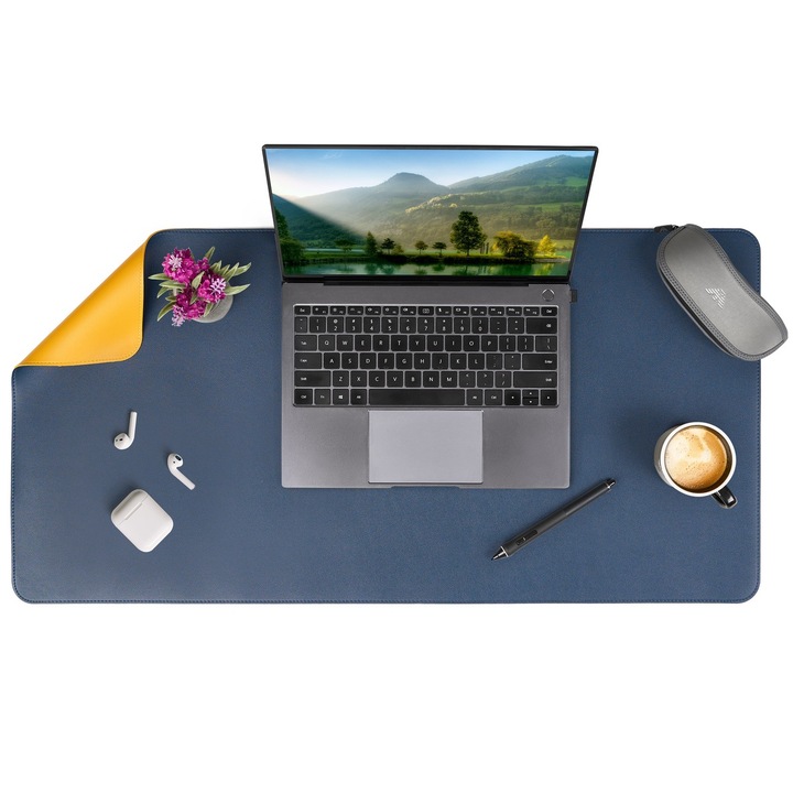 Mousepad mare XXL, APO®, pentru Office, Gaming, Protectie birou, din Piele pu, Ergonomic, Impermeabil, Margine cusuta, cu doua fete, Albastru/Galben, 90x45cm