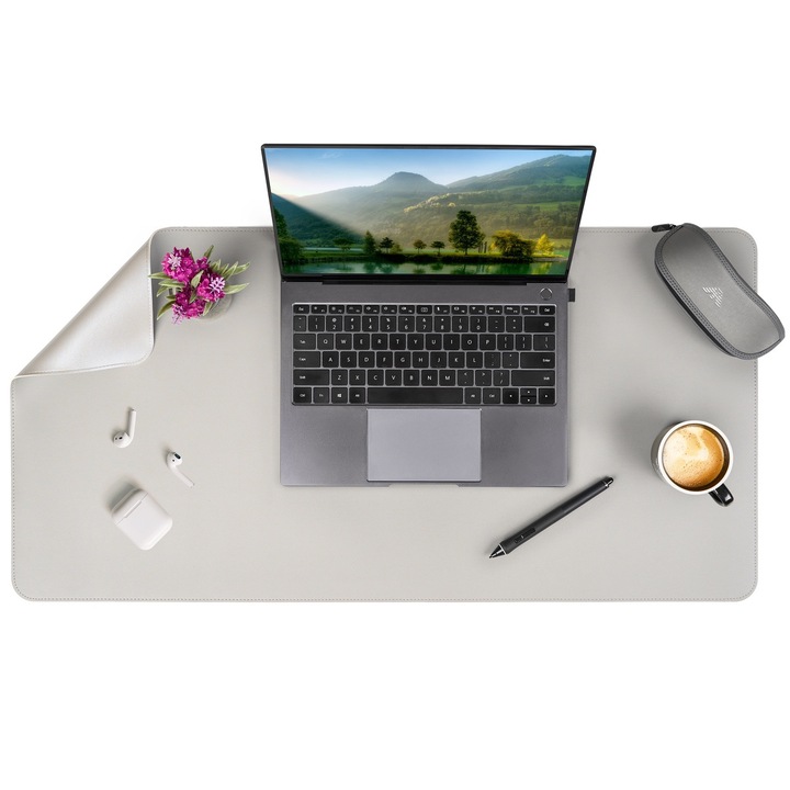 Mousepad mare XXL, APO®, pentru Office, Gaming, Protectie birou, din Piele pu, Ergonomic, Impermeabil, Margine cusuta, cu doua fete, Gri/Gri, 90x45cm