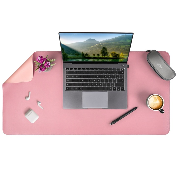 Mousepad mare XXL, APO®, pentru Office, Gaming, Protectie birou, din Piele pu, Ergonomic, Impermeabil, Margine cusuta, cu doua fete, Mov/Roz, 90x45cm