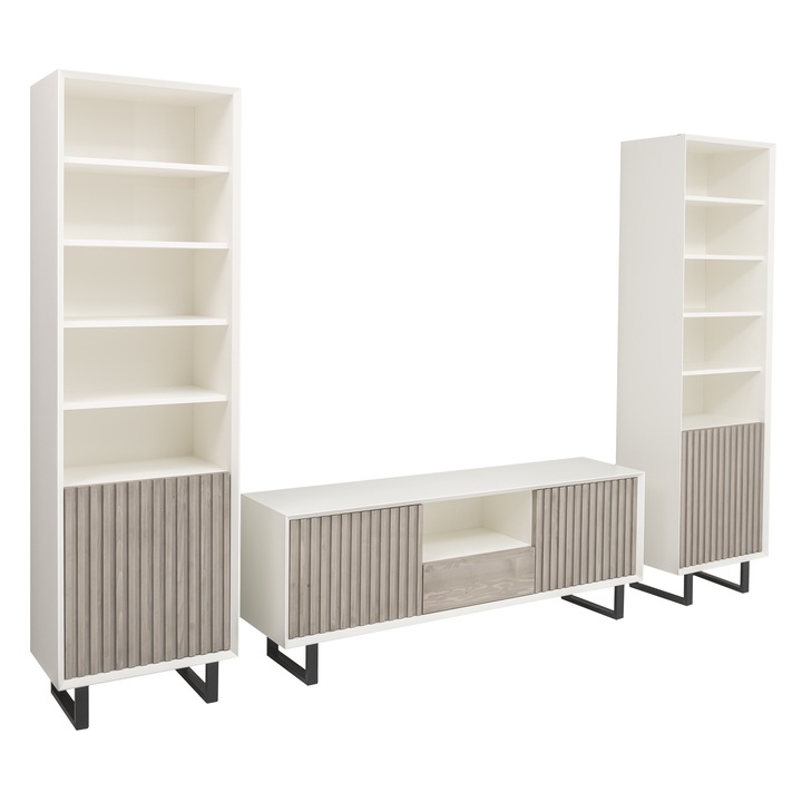 Set mobilier living din colectia "Slatted", culoare corp alb murdar P039, culoare usi gri P037, dublu color, 274x200x40 cm