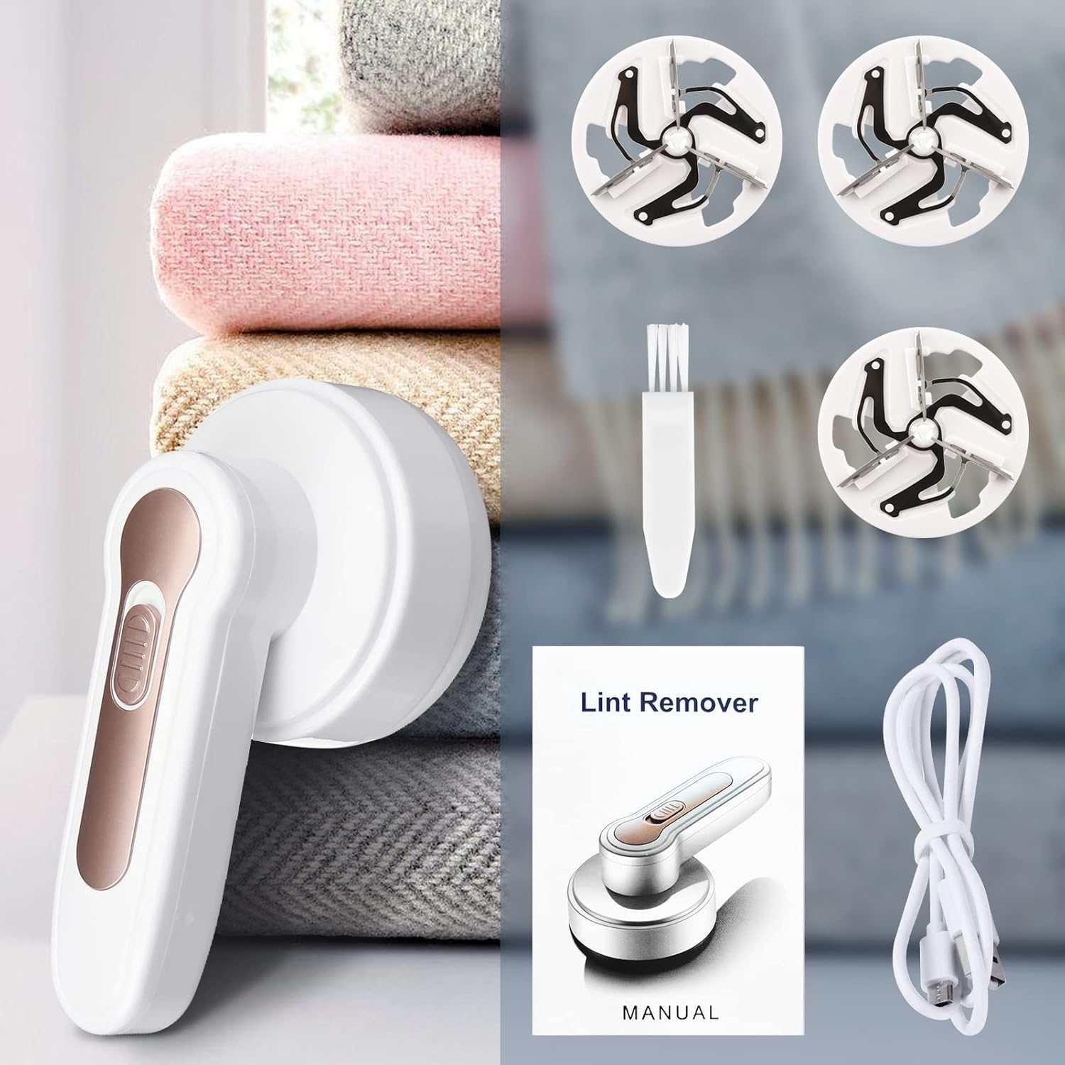 Aparat Portabil pentru Indeparat Scamele, Reincarcabil USB, pentru Haine, Pulovere, Paturi, Mobilier, Alb