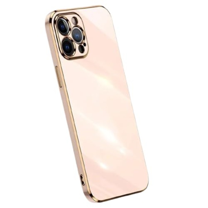 Husa glossy roz cu muchii aurii, suprafata lucioasa, Compatibila iPhone 13 Pro Max