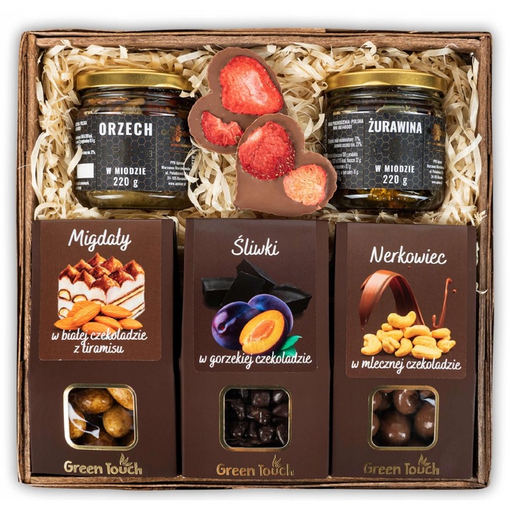 Cos cadou cu dulciuri premium, Green Touch, migdale in ciocolata alba, nuci in ciocolata, 25x25x8cm