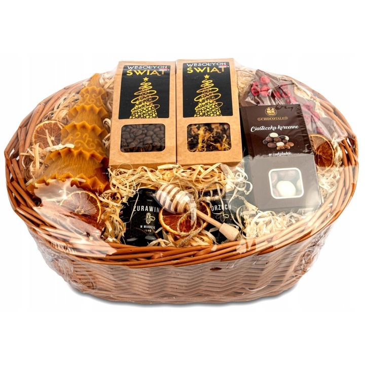 Set cos cadou festiv Green Touch, cafea 120g, ceai 60g, lumanare, dulciuri, 45x49x34x20cm