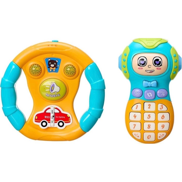 Interaktív készlet, telefon + kormánykerék hangokkal és fényekkel babáknak