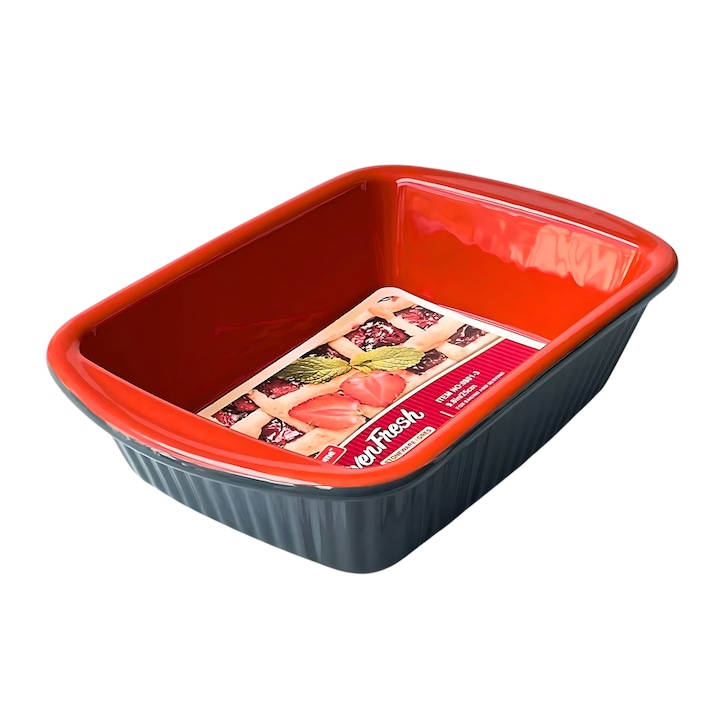 Tava pentru copt din ceramica, forma pentru gatirea lasagnei, prajiturilor, caserolelor 34x24x7,5cm, rosu-gri