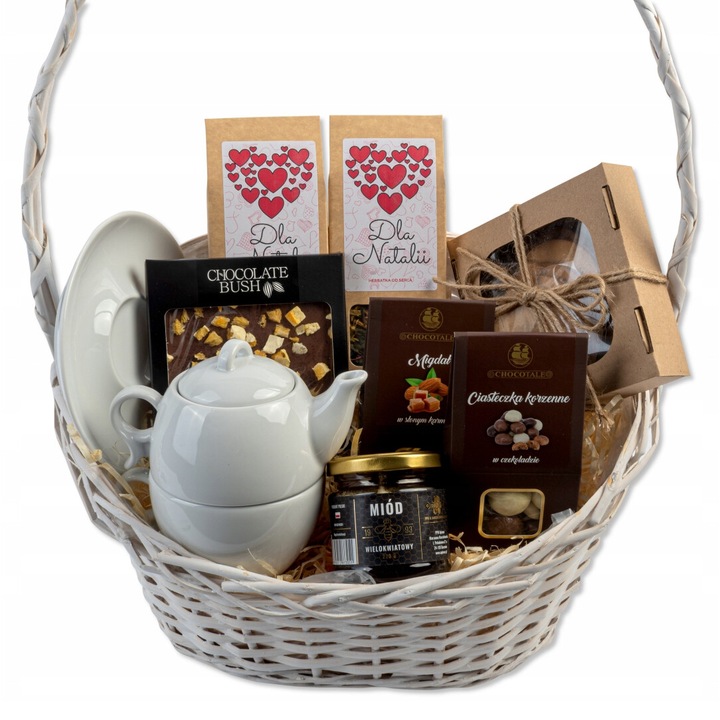 Set cadou mare cu ceai, Green Touch, 2 cutii ceai, miere poliflora 220g, biscuiti cu miere 100g, ciocolata cu fructe 77-89g, migdale in ciocolata 100g, alb, 50x37cm