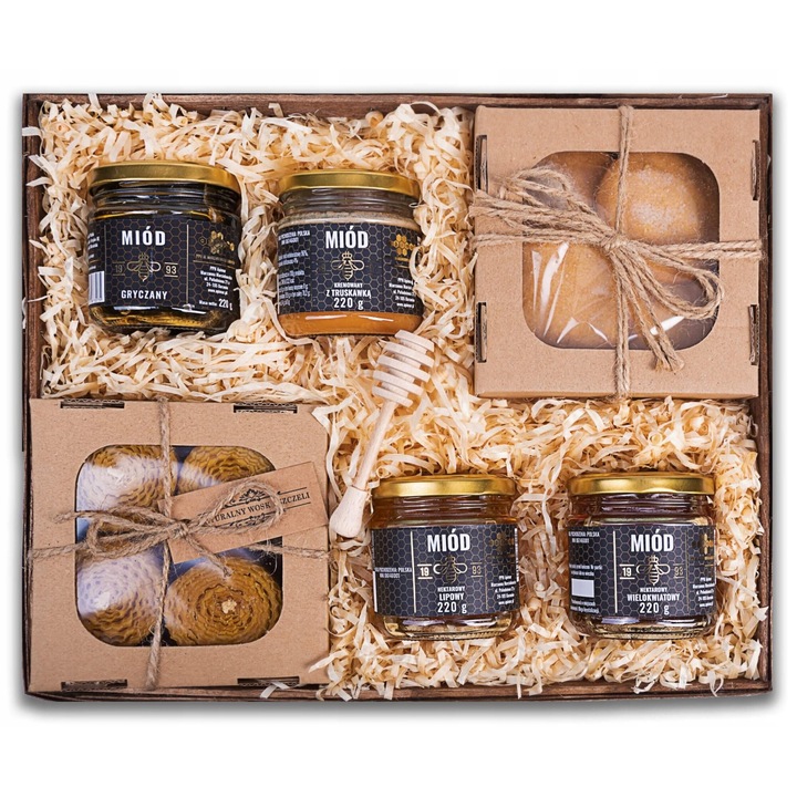 Cos cadou mare, Green Touch, set de miere, 4 lumanari, 35x25x10cm